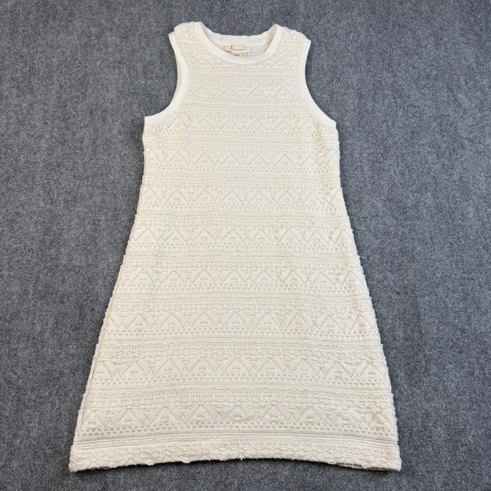 Anthropologie Knit Shift Dress Womens Large Ivory Geometric Pointelle Sleeveless